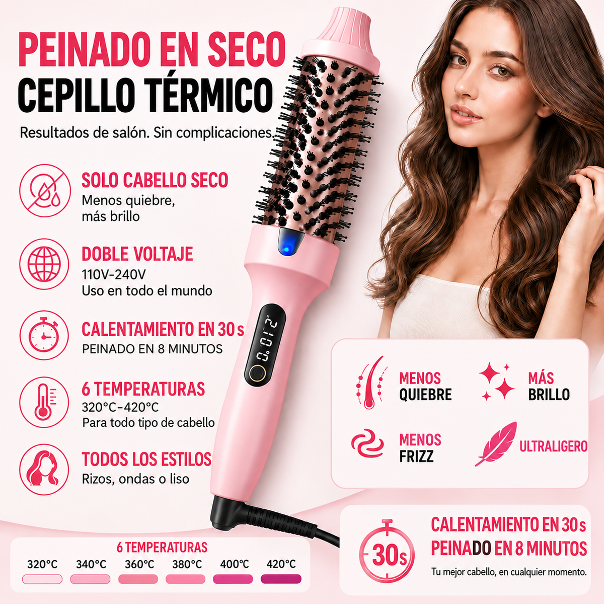 Cepillo térmico iónico de doble voltaje | Riza, alisa y da volumen | 6 niveles de calor | Pantalla LED