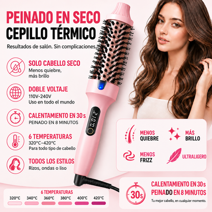 Cepillo térmico iónico de doble voltaje | Riza, alisa y da volumen | 6 niveles de calor | Pantalla LED