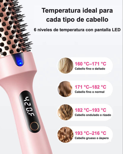 Cepillo térmico iónico de doble voltaje | Riza, alisa y da volumen | 6 niveles de calor | Pantalla LED