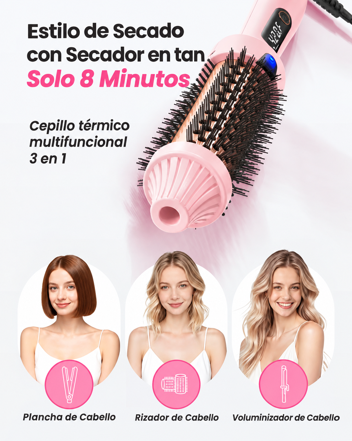 Cepillo térmico iónico de doble voltaje | Riza, alisa y da volumen | 6 niveles de calor | Pantalla LED
